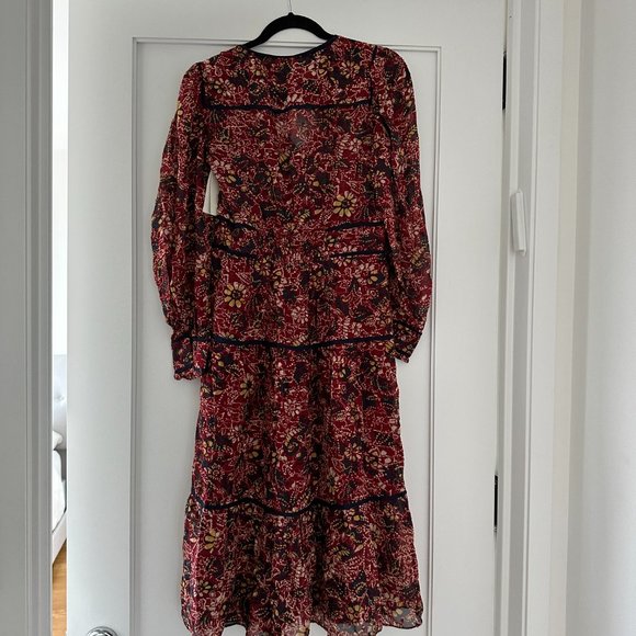 BA&SH Gigi Midi Dress Tiered All-over Floral Print Burgundy V-neck Long Sleeve - Picture 9 of 11